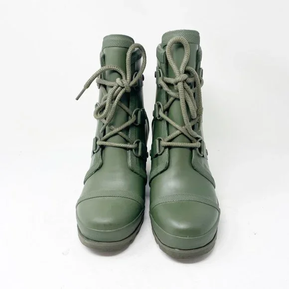 Sorel Womens Joan 1717591383 Green Rubber Wedge Lace Up Rain Boots Size 8.5 - Picture 2 of 5